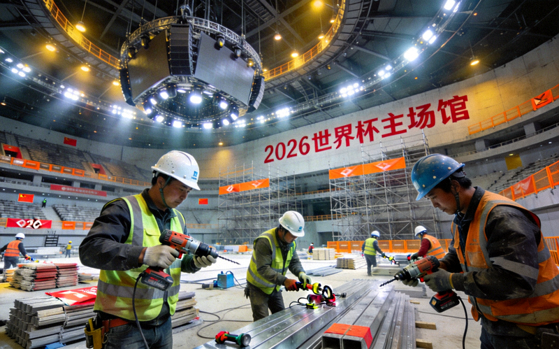 工人们正在紧张施工的2026世界杯体育场馆内部