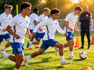 英格兰队年轻球员在赛前热身